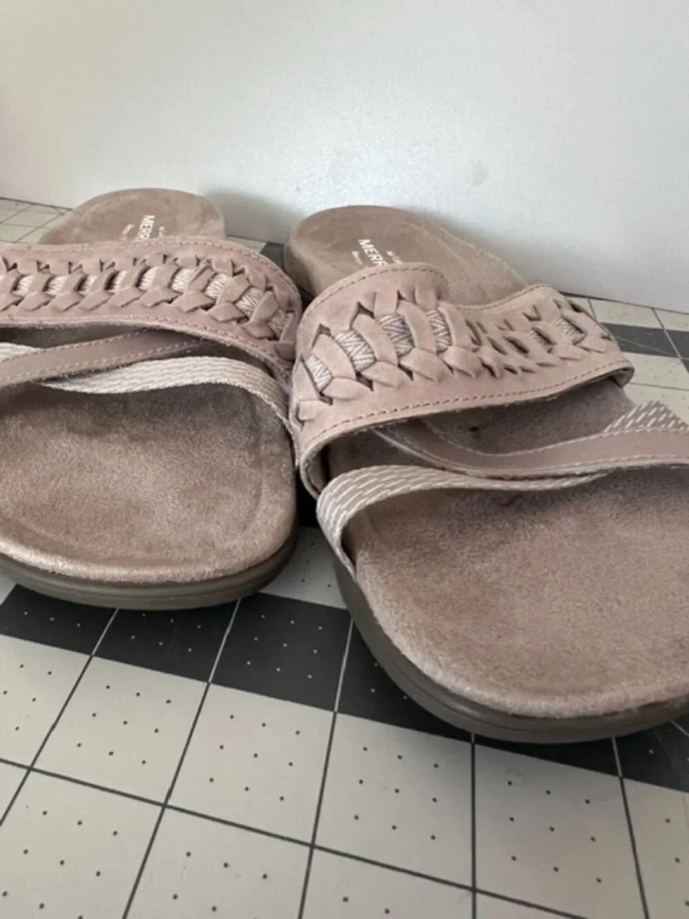 MERRELL Women's Kempsey Slide Sandals memory‎ foam tan woven straps size 7
